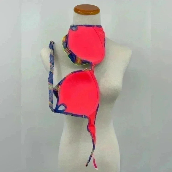 Victoria's Secret Swim Halter Bikini Plaid Neon Bra Top 34C - Picture 5 of 6